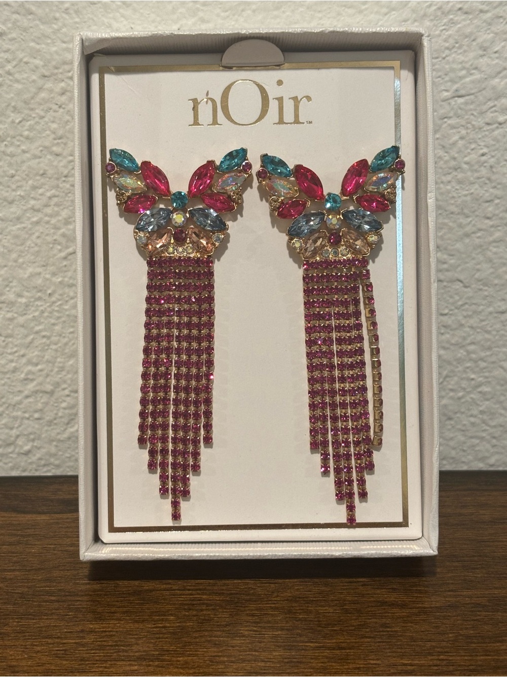 nOir Jewelry Pink Tassel Drop Earrings with Multicolor Stones - Picture 2 of 3